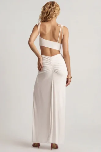 Rochie maxi asimetrică din jersey texturat Imara, alb