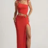 Rochie maxi asimetrică din jersey texturat Imara, în roșu chili