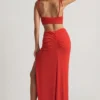 Rochie maxi asimetrică din jersey texturat Imara, în roșu chili