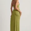 Rochie maxi asimetrică din jersey texturat Imara, verde măslin