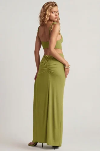 Rochie maxi asimetrică din jersey texturat Imara, verde măslin