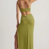 Rochie maxi asimetrică din jersey texturat Imara, verde măslin