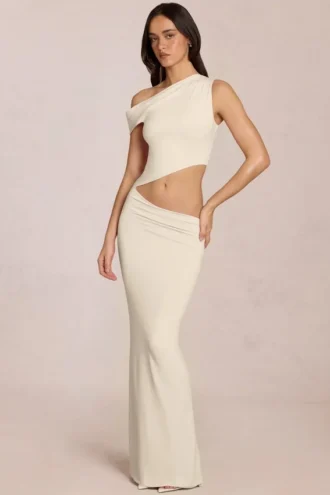 Rochie Maxi asimetrică drapată Calisse, culoare Ivory