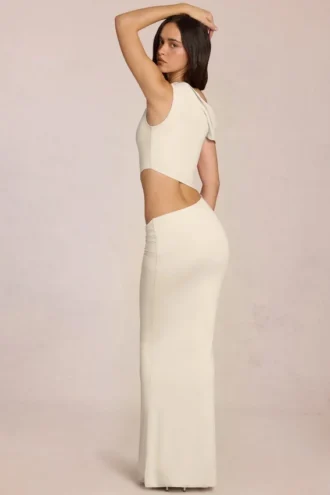 Rochie Maxi asimetrică drapată Calisse, culoare Ivory
