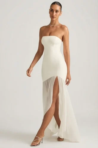 Rochie maxi asimetrică fără bretele, cu coadă de pește, Melina, în culoarea Ivory