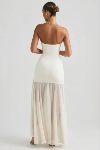 Rochie maxi asimetrică fără bretele, cu coadă de pește, Melina, în culoarea Ivory
