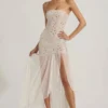 Rochie maxi asimetrică Kerra, semi-transparentă, cu ornamente, în culoarea albă