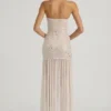 Rochie maxi asimetrică Kerra, semi-transparentă, cu ornamente, în culoarea albă
