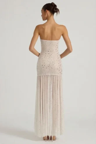 Rochie maxi asimetrică Kerra, semi-transparentă, cu ornamente, în culoarea albă