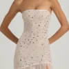 Rochie maxi asimetrică Kerra, semi-transparentă, cu ornamente, în culoarea albă