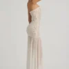 Rochie maxi asimetrică Kerra, semi-transparentă, cu ornamente, în culoarea albă