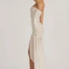 Rochie maxi asimetrică Kerra, semi-transparentă, cu ornamente, în culoarea albă