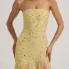 Rochie maxi asimetrică semi-transparentă cu ornamente, de la Kerra, în culoarea galben Rochie maxi asimetrică semi-transparentă cu ornamente, de la Kerra, în culoarea galben