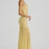 Rochie maxi asimetrică semi-transparentă cu ornamente, de la Kerra, în culoarea galben Rochie maxi asimetrică semi-transparentă cu ornamente, de la Kerra, în culoarea galben