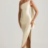 Rochie Maxi asimetrică Sheril cu detaliu eșarfă, culoare ivoriu