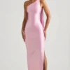 Rochie Maxi asimetrică Sheril cu detaliu eșarfă, în roz pal