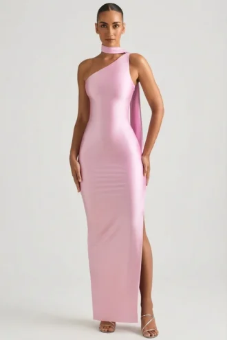 Rochie Maxi asimetrică Sheril cu detaliu eșarfă, în roz pal