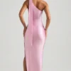 Rochie Maxi asimetrică Sheril cu detaliu eșarfă, în roz pal
