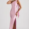 Rochie Maxi asimetrică Sheril cu detaliu eșarfă, în roz pal