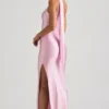 Rochie Maxi asimetrică Sheril cu detaliu eșarfă, în roz pal