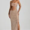 Rochie maxi bandeau cu decupaje și ornamente Alamea, culoare miere