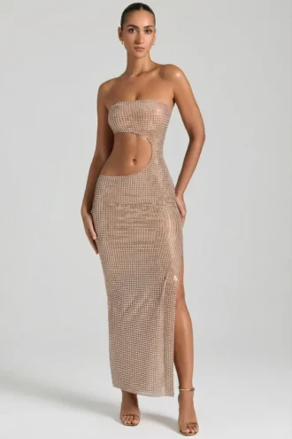Rochie maxi bandeau cu decupaje și ornamente Alamea, culoare miere