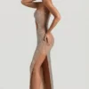 Rochie maxi bandeau cu decupaje și ornamente Alamea, culoare miere