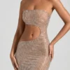 Rochie maxi bandeau cu decupaje și ornamente Alamea, culoare miere