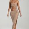 Rochie maxi bandeau cu decupaje și ornamente Alamea, culoare miere