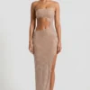 Rochie maxi bandeau cu decupaje și ornamente Alamea, culoare miere
