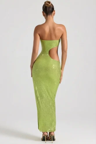 Rochie maxi bandeau cu decupaje și ornamente Alamea, verde pară