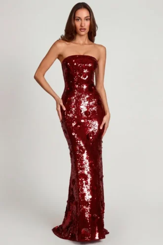 Rochie maxi bandeau cu ornamente 3D Nottola, roșie