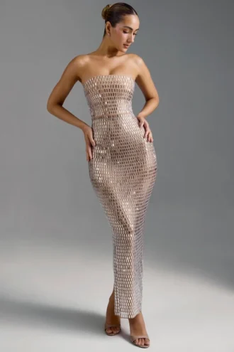 Rochie maxi bandeau cu ornamente Amaya, culoare Almond