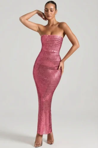 Rochie maxi bandeau fără bretele cu ornamente Amaya, în culoarea pepene verde