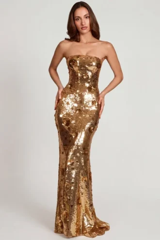 Rochie maxi bandeau Nottola cu ornamente 3D, aurie
