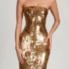 Rochie maxi bandeau Nottola cu ornamente 3D, aurie