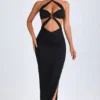 Rochie maxi Bethania cu decupaje și detalii metalice, cu gât halter, în culoarea neagră