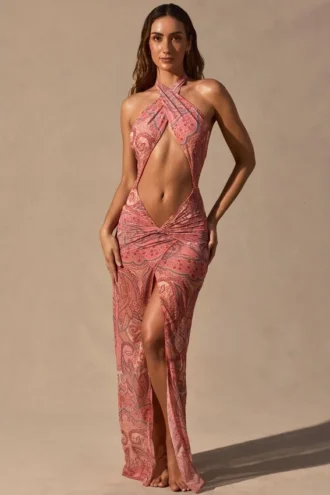 Rochie maxi Caicos cu decupaje și gât halter, cu imprimeu Paisley Rochie maxi Caicos cu decupaje și gât halter, cu imprimeu Paisley