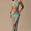 Rochie maxi Caicos cu decupaje și gât halter, verde spumă de mare