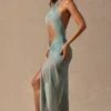 Rochie maxi Caicos cu decupaje și gât halter, verde spumă de mare
