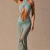 Rochie maxi Caicos cu decupaje și gât halter, verde spumă de mare