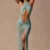 Rochie maxi Caicos cu decupaje și gât halter, verde spumă de mare