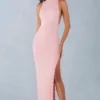 Rochie Maxi Cataleya din modal, cu gât halter, în roz pudrat