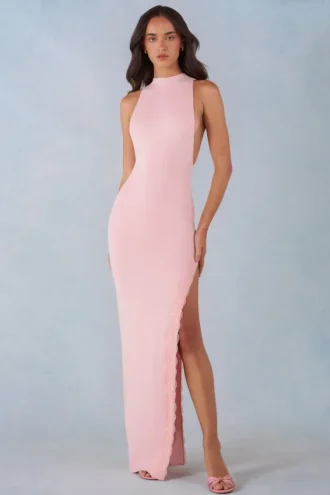 Rochie Maxi Cataleya din modal, cu gât halter, în roz pudrat Rochie Maxi Cataleya din modal, cu gât halter, în roz pudrat