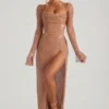 Rochie Maxi Champel cu guler cowl și ornamente, culoare nude Rochie Maxi Champel cu guler cowl și ornamente, culoare nude