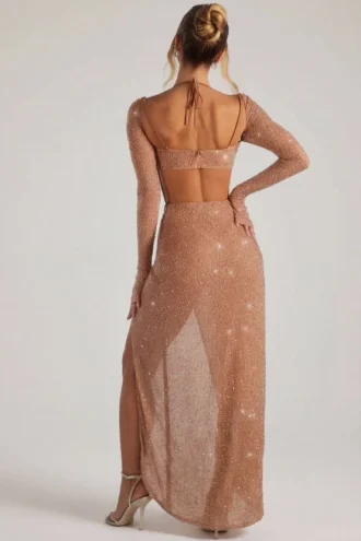 Rochie Maxi Champel cu guler cowl și ornamente, culoare nude Rochie Maxi Champel cu guler cowl și ornamente, culoare nude