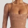 Rochie Maxi Champel cu guler cowl și ornamente, culoare nude Rochie Maxi Champel cu guler cowl și ornamente, culoare nude