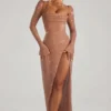 Rochie Maxi Champel cu guler cowl și ornamente, culoare nude Rochie Maxi Champel cu guler cowl și ornamente, culoare nude
