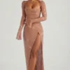 Rochie Maxi Champel cu guler cowl și ornamente, culoare nude Rochie Maxi Champel cu guler cowl și ornamente, culoare nude