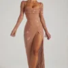 Rochie Maxi Champel cu guler cowl și ornamente, culoare nude Rochie Maxi Champel cu guler cowl și ornamente, culoare nude